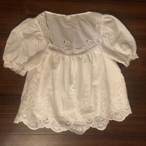 Cottagecore puff sleeve eyelet lace white blouse